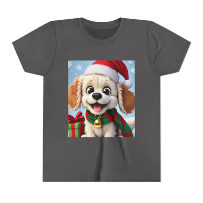 Cute Puppy Holiday Youth Short Sleeve Tee, Kids Christmas Gift, Dog Lover Shirt, Holiday Apparel, Fun Winter Wear