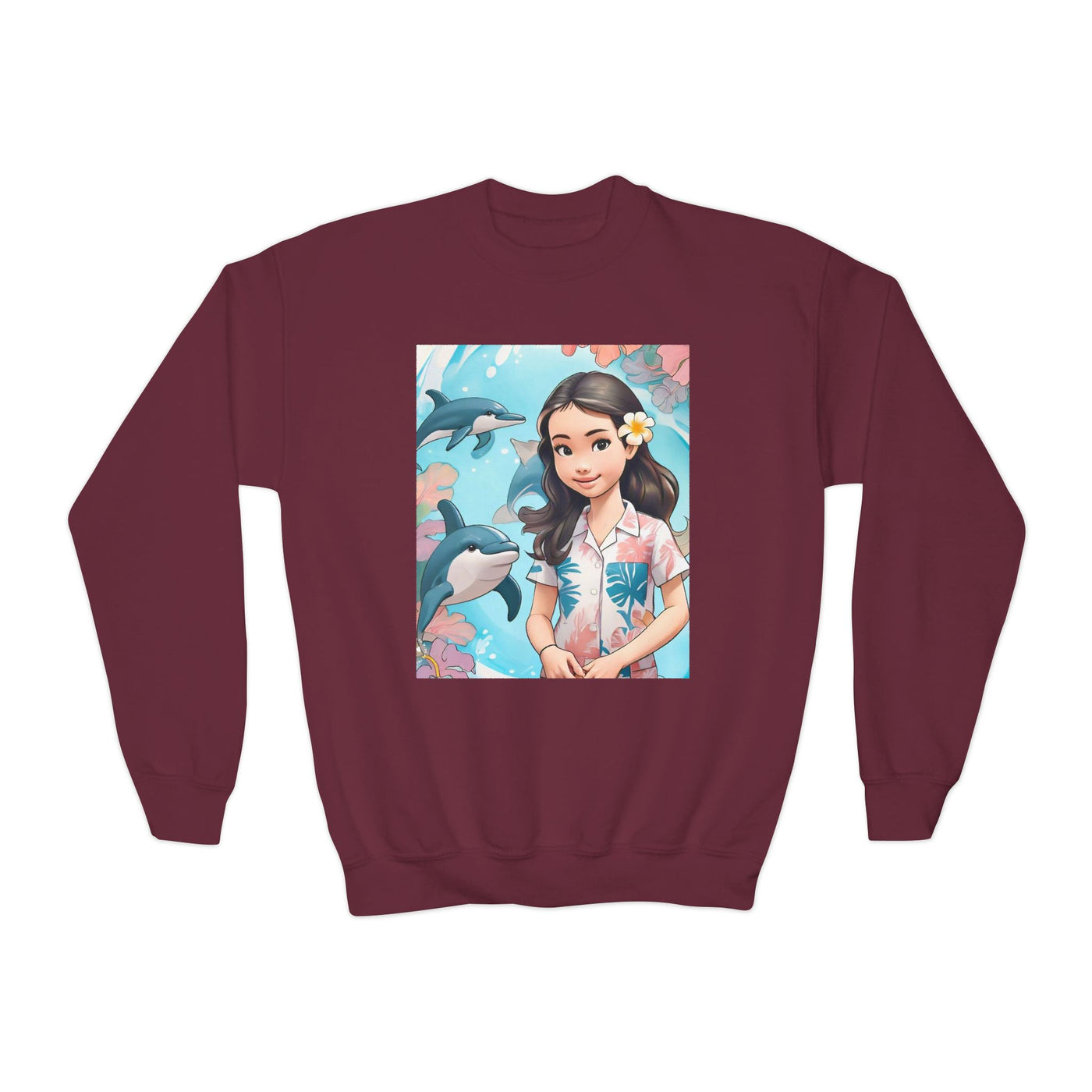 Dolphin Girl Youth Crewneck Sweatshirt — Cute Island Girl Graphic