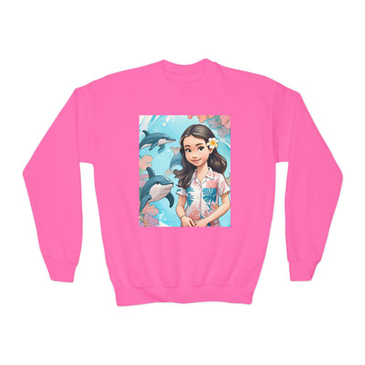Dolphin Girl Youth Crewneck Sweatshirt — Cute Island Girl Graphic