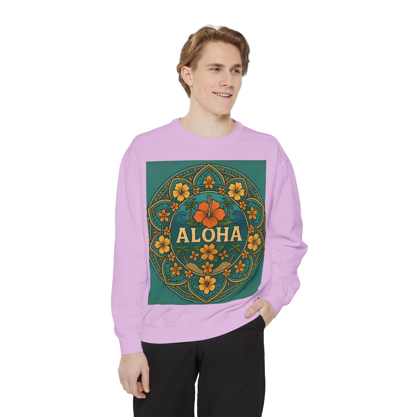 Aloha Floral Sweatshirt, Unisex Garment-Dyed Crewneck, Cozy Beach Vibes, Gift for Friends, Tropical Style Apparel, Casual Everyday Wear