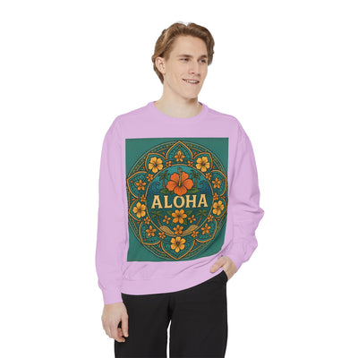 Aloha Floral Sweatshirt, Unisex Garment-Dyed Crewneck, Cozy Beach Vibes, Gift for Friends, Tropical Style Apparel, Casual Everyday Wear