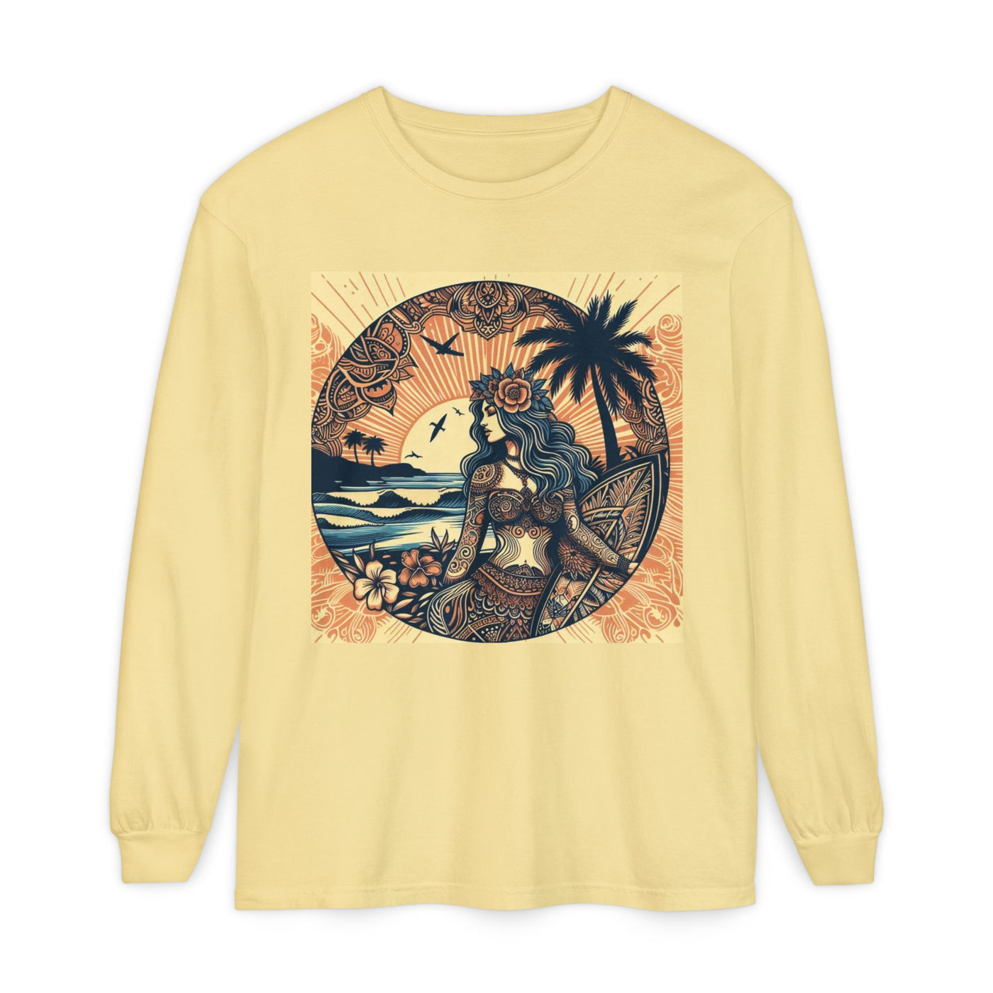 Surf Goddess Long Sleeve T-Shirt — Vintage Tropical Beach Design