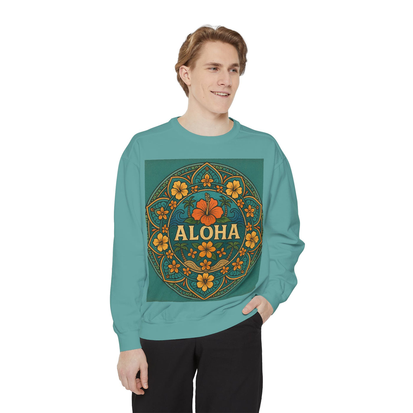 Aloha Floral Sweatshirt, Unisex Garment-Dyed Crewneck, Cozy Beach Vibes, Gift for Friends, Tropical Style Apparel, Casual Everyday Wear