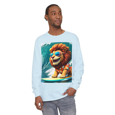 Surfing Lion Long Sleeve T-Shirt, Casual Beachwear, Cool Animal Tee, Gift for Animal Lovers, Summer Graphic Shirt