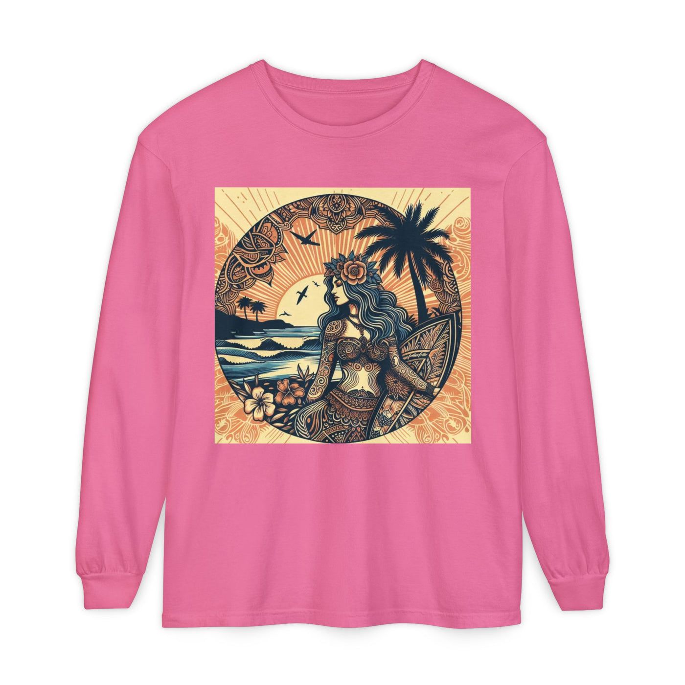 Surf Goddess Long Sleeve T-Shirt — Vintage Tropical Beach Design