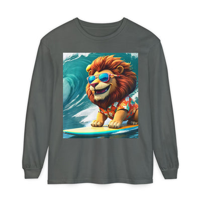 Surfing Lion Long Sleeve T-Shirt, Casual Beachwear, Cool Animal Tee, Gift for Animal Lovers, Summer Graphic Shirt