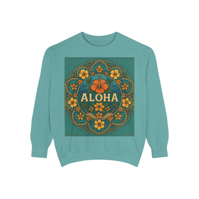 Aloha Floral Sweatshirt, Unisex Garment-Dyed Crewneck, Cozy Beach Vibes, Gift for Friends, Tropical Style Apparel, Casual Everyday Wear