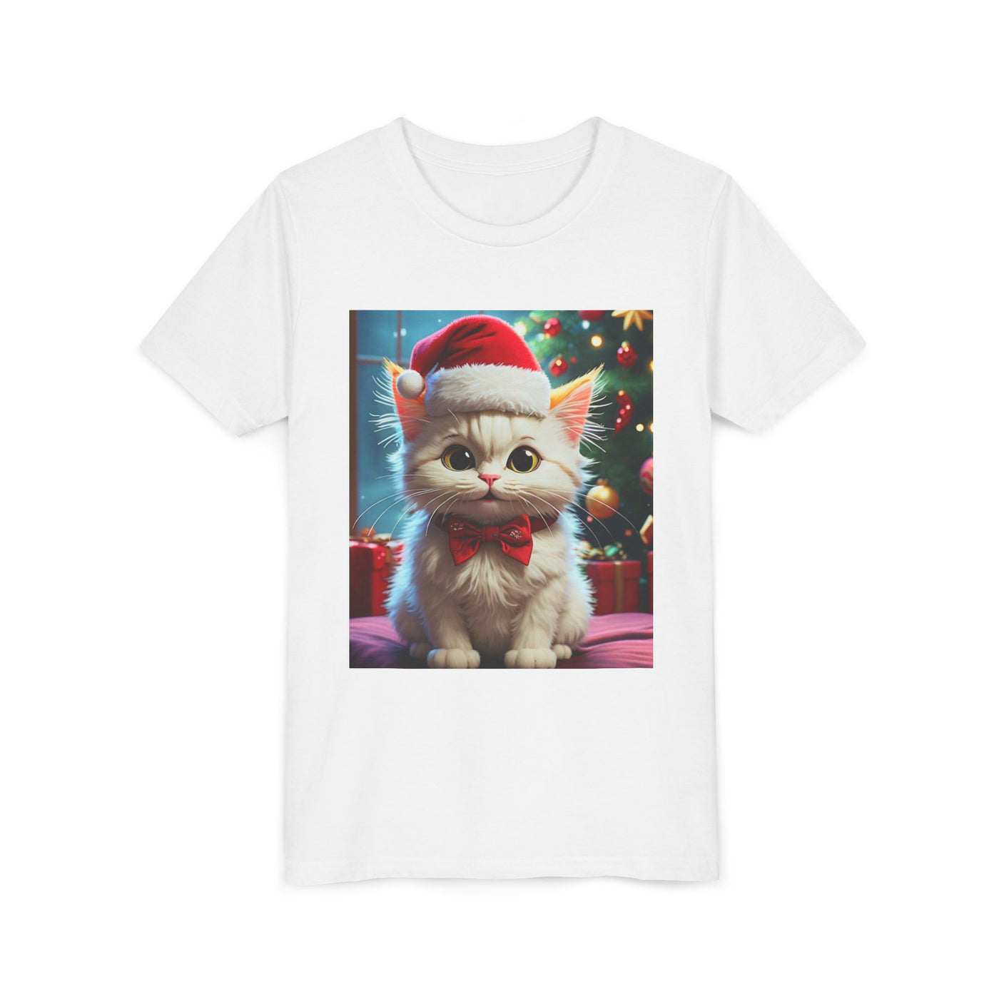 Christmas Cat Youth Tee, Holiday T-Shirt, Cute Kitten Shirt, Kids Christmas Gift, Festive Apparel
