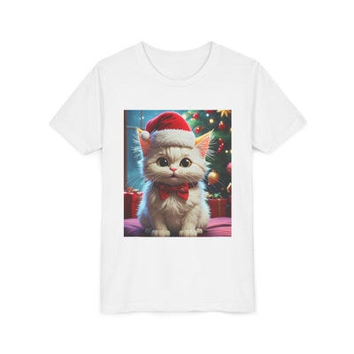 Christmas Cat Youth Tee, Holiday T-Shirt, Cute Kitten Shirt, Kids Christmas Gift, Festive Apparel