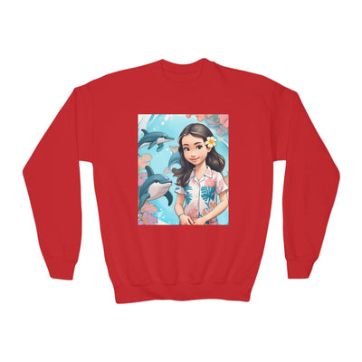 Dolphin Girl Youth Crewneck Sweatshirt — Cute Island Girl Graphic