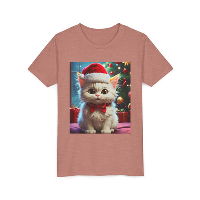 Christmas Cat Youth Tee, Holiday T-Shirt, Cute Kitten Shirt, Kids Christmas Gift, Festive Apparel