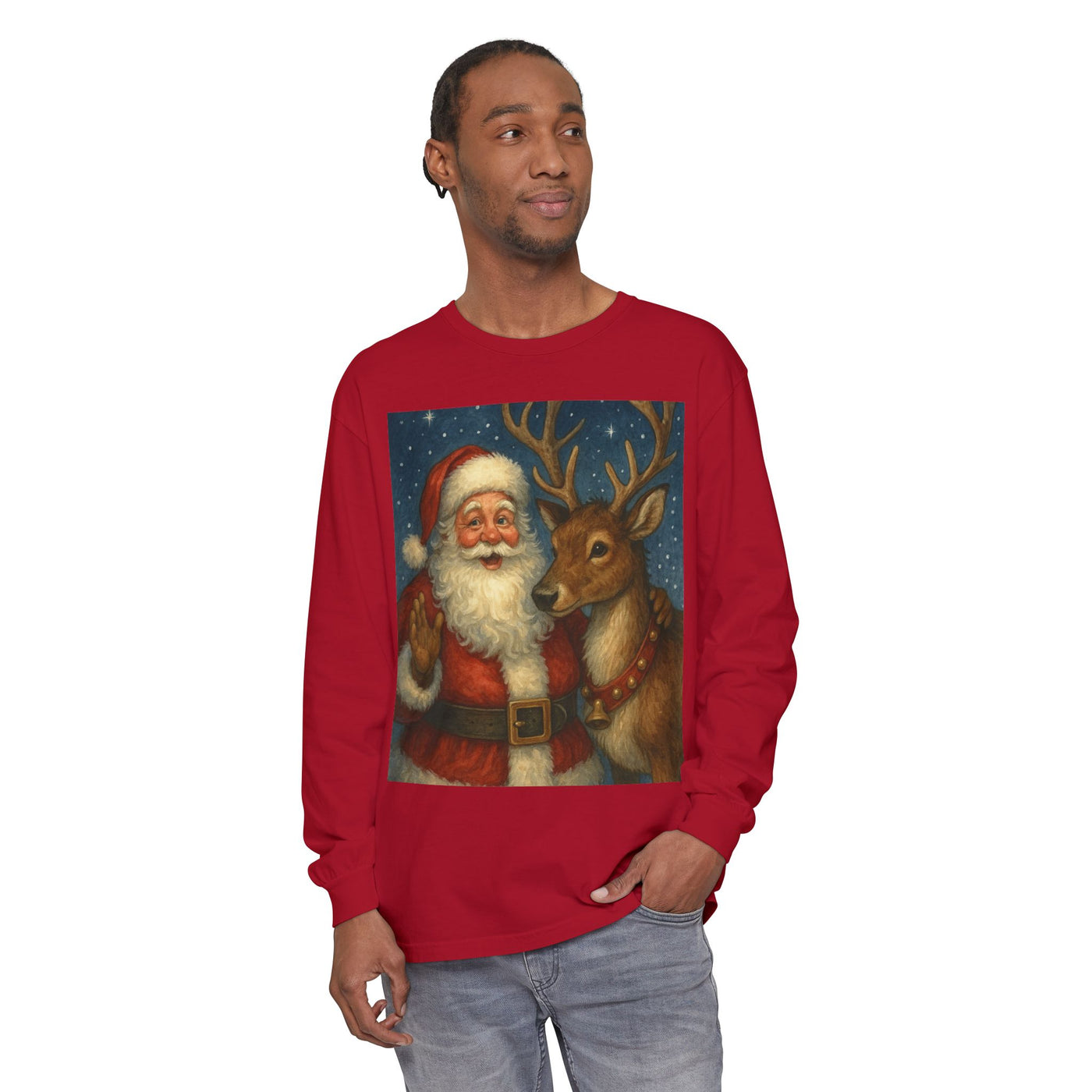 Santa & Reindeer Vintage Christmas Long Sleeve Tee