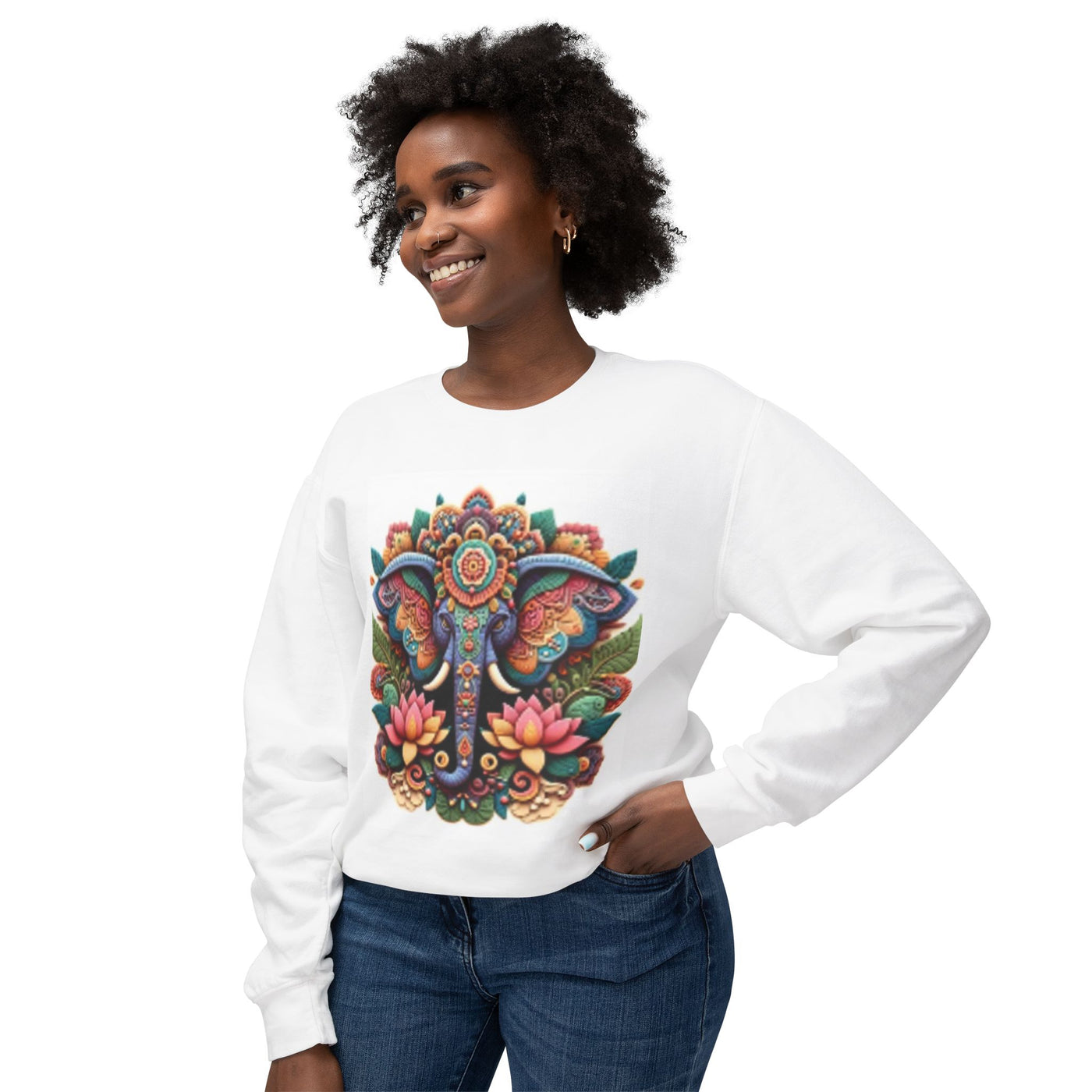 Colorful Elephant Design Lightweight Sweatshirt, Cozy Crewneck, Bohemian Style, Perfect for Festivals, Everyday Wear, Unique Gift