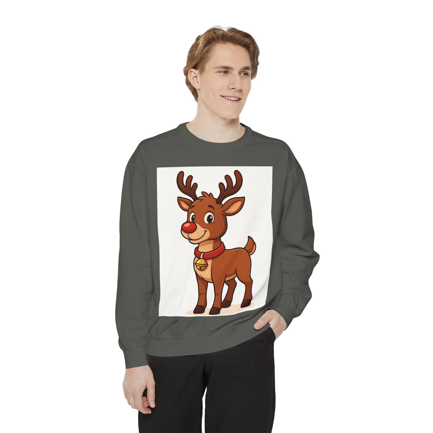 Reindeer Graphic Sweatshirt – Cute Cartoon Rudolph Christmas Pullover