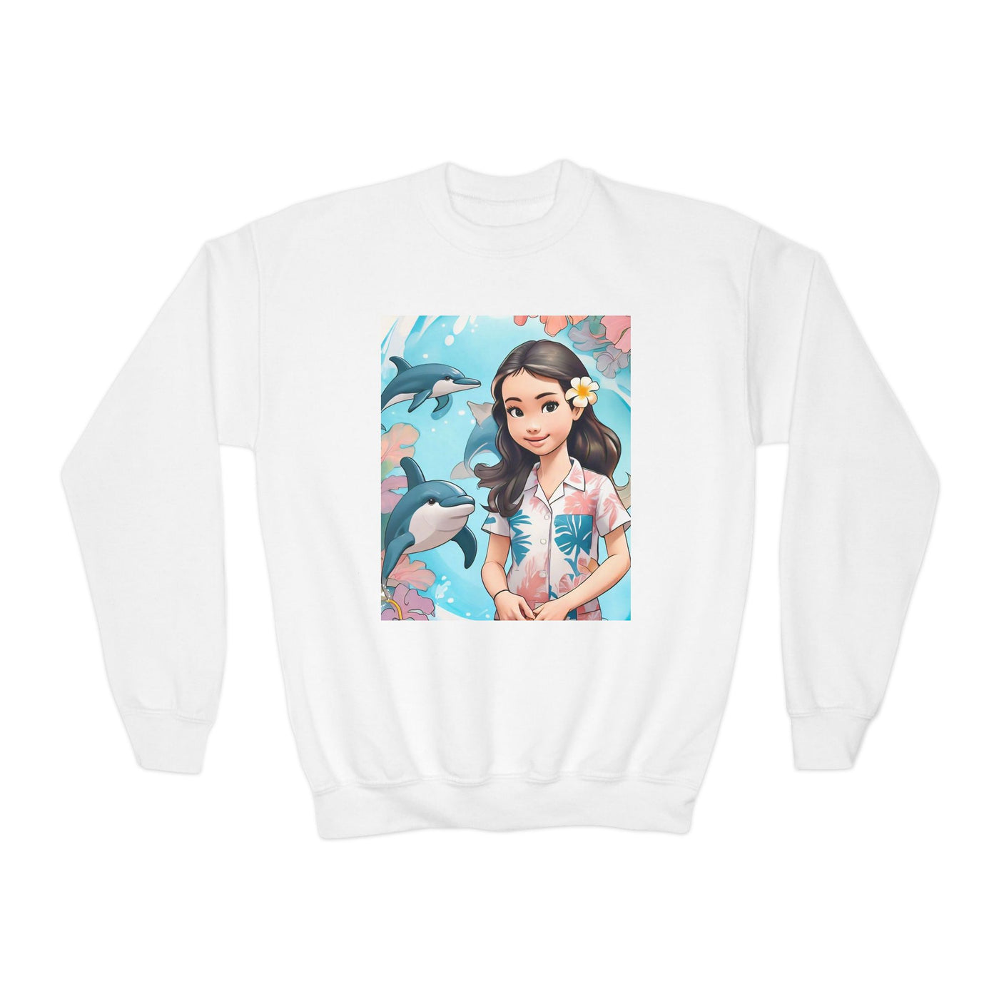 Dolphin Girl Youth Crewneck Sweatshirt — Cute Island Girl Graphic