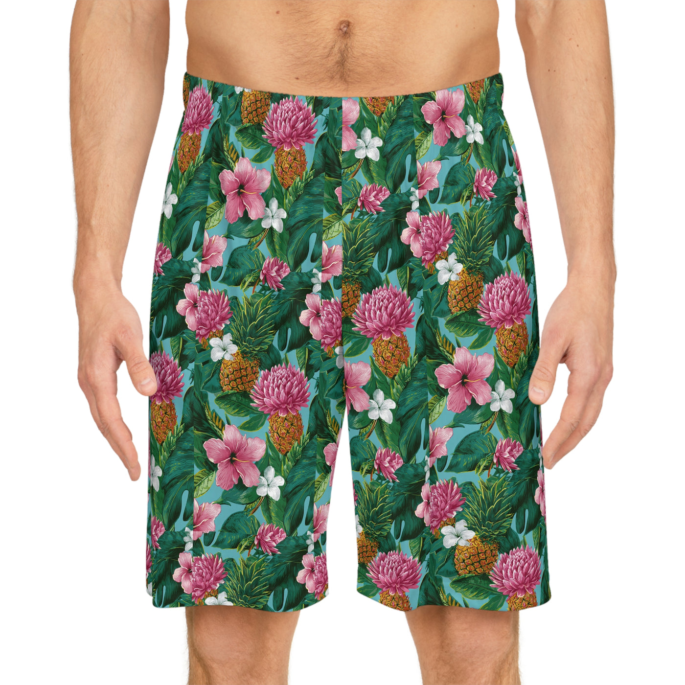Tropical Floral Basketball Shorts — Pineapple & Hibiscus All-Over Print