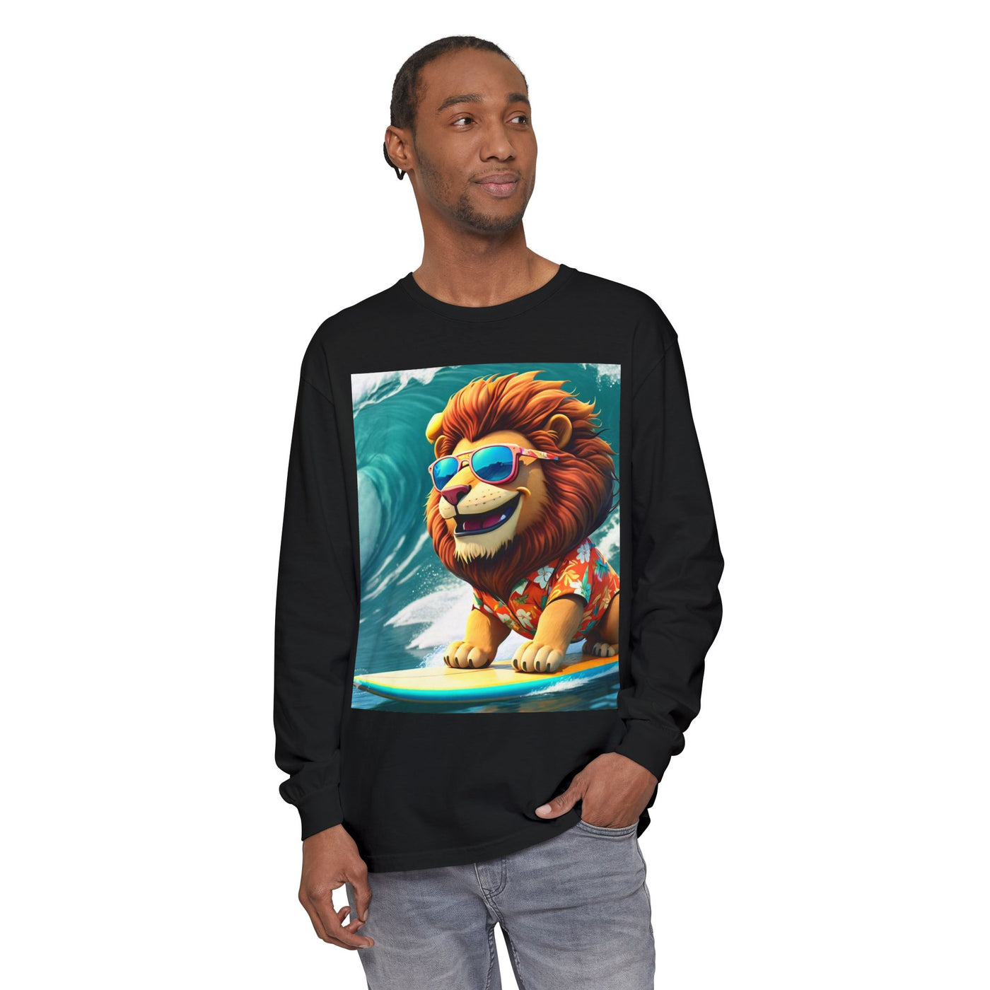 Surfing Lion Long Sleeve T-Shirt, Casual Beachwear, Cool Animal Tee, Gift for Animal Lovers, Summer Graphic Shirt