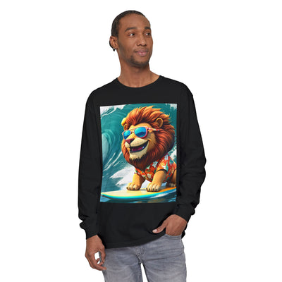 Surfing Lion Long Sleeve T-Shirt, Casual Beachwear, Cool Animal Tee, Gift for Animal Lovers, Summer Graphic Shirt