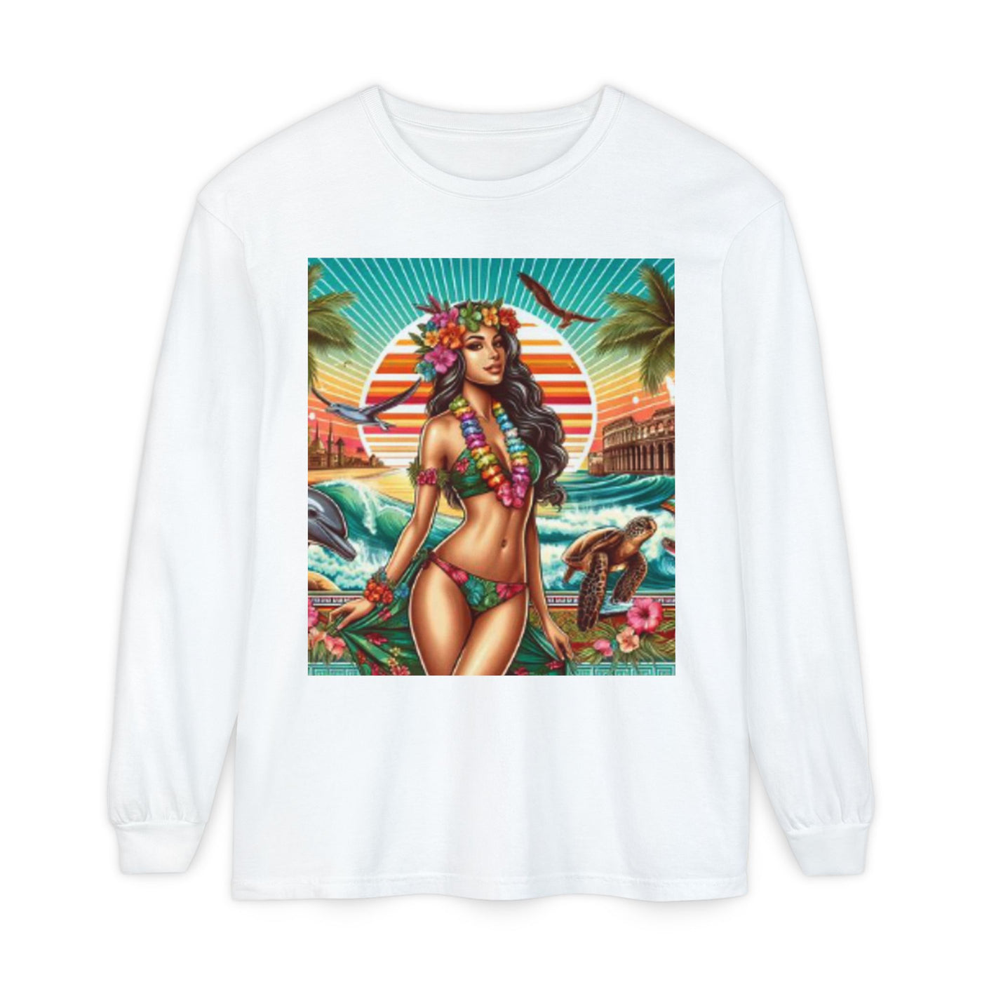 T-Shirt with Tropical Goddess Design, Beach Vibes Long Sleeve Tee for Summer, Luau Party Wear, Vacation Tshirt, Island Life Apparel
