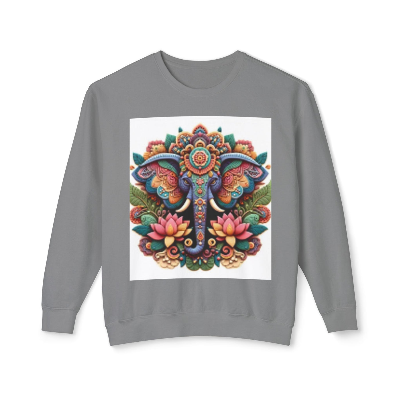 Colorful Elephant Design Lightweight Sweatshirt, Cozy Crewneck, Bohemian Style, Perfect for Festivals, Everyday Wear, Unique Gift