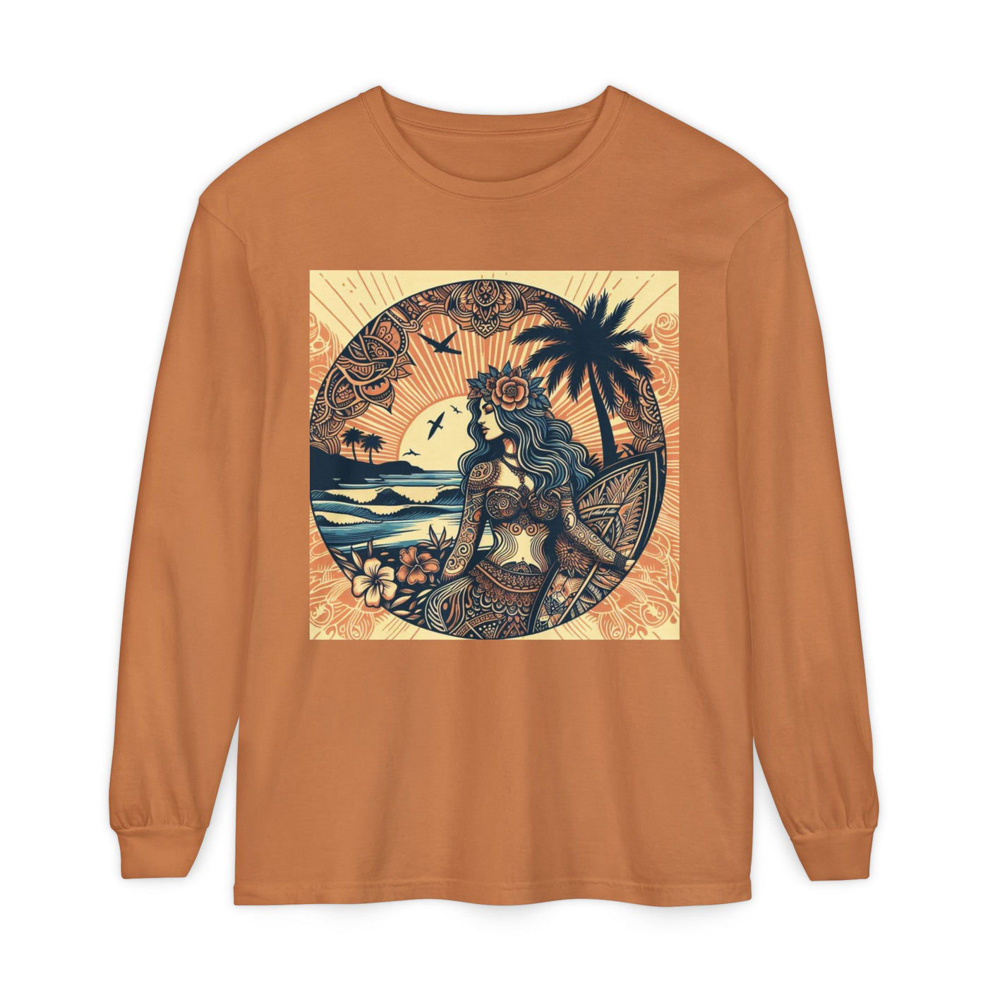 Surf Goddess Long Sleeve T-Shirt — Vintage Tropical Beach Design