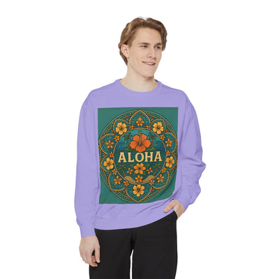 Aloha Floral Sweatshirt, Unisex Garment-Dyed Crewneck, Cozy Beach Vibes, Gift for Friends, Tropical Style Apparel, Casual Everyday Wear