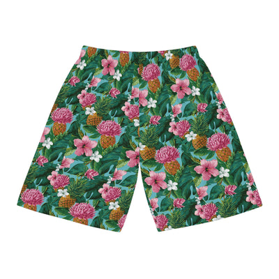 Tropical Floral Basketball Shorts — Pineapple & Hibiscus All-Over Print