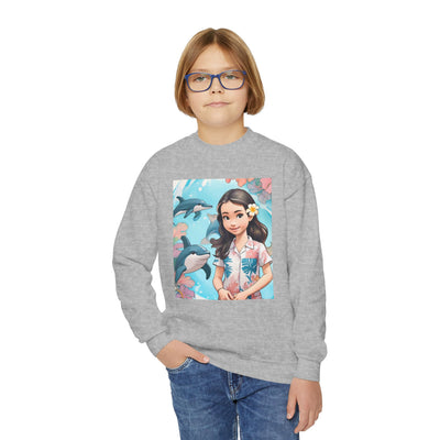 Dolphin Girl Youth Crewneck Sweatshirt — Cute Island Girl Graphic