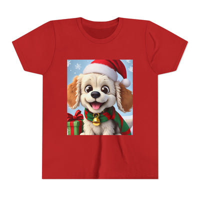 Cute Puppy Holiday Youth Short Sleeve Tee, Kids Christmas Gift, Dog Lover Shirt, Holiday Apparel, Fun Winter Wear