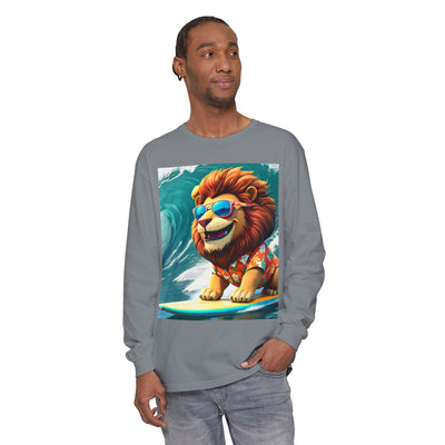 Surfing Lion Long Sleeve T-Shirt, Casual Beachwear, Cool Animal Tee, Gift for Animal Lovers, Summer Graphic Shirt