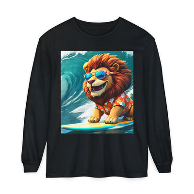 Surfing Lion Long Sleeve T-Shirt, Casual Beachwear, Cool Animal Tee, Gift for Animal Lovers, Summer Graphic Shirt