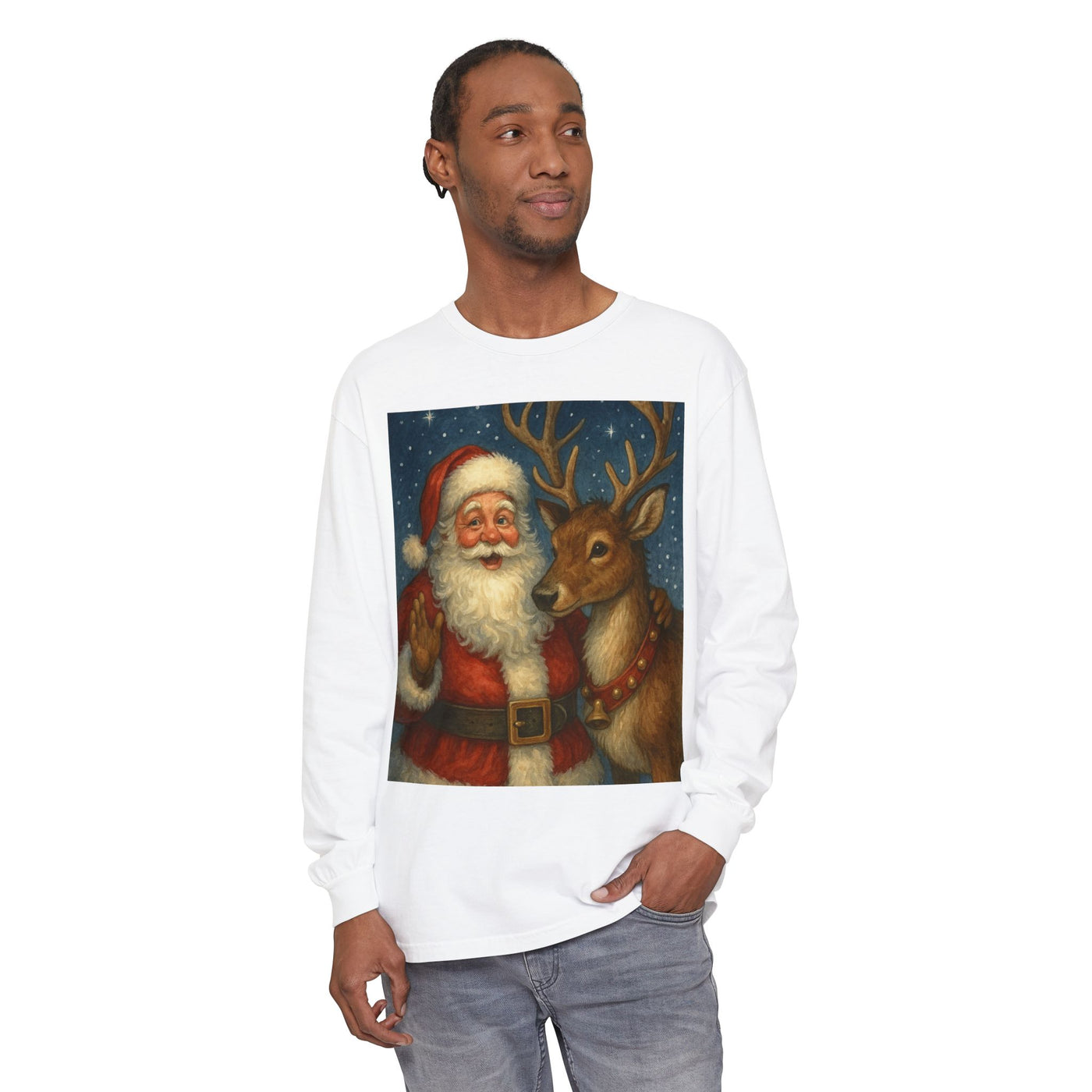 Santa & Reindeer Vintage Christmas Long Sleeve Tee