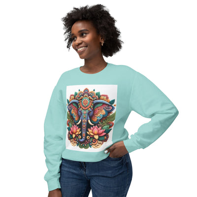 Colorful Elephant Design Lightweight Sweatshirt, Cozy Crewneck, Bohemian Style, Perfect for Festivals, Everyday Wear, Unique Gift