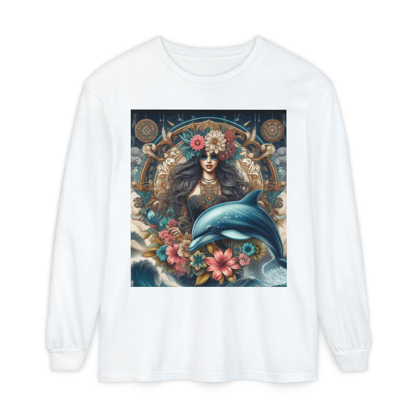 Bohemian Dolphin Art Long Sleeve T-Shirt, Tropical Tees, Casual Wear, Gifts for Nature Lovers, Eco-Friendly Apparel, Summer Vibes