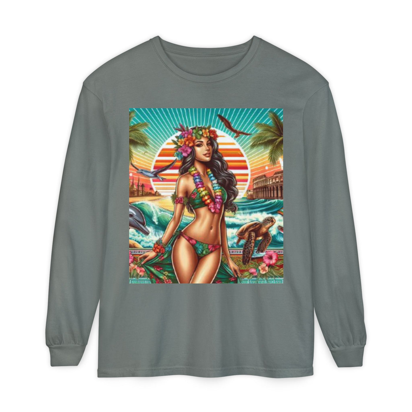 T-Shirt with Tropical Goddess Design, Beach Vibes Long Sleeve Tee for Summer, Luau Party Wear, Vacation Tshirt, Island Life Apparel