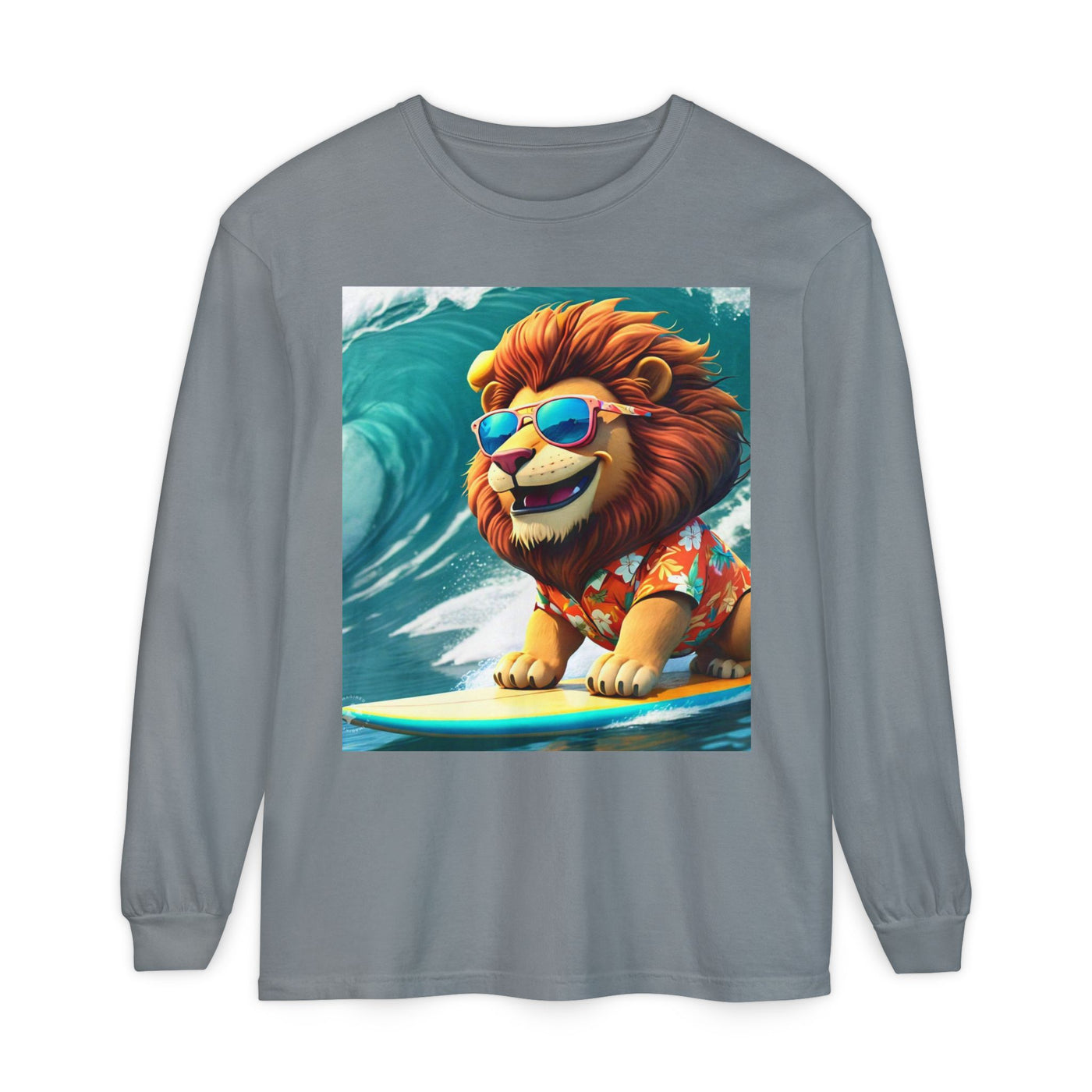 Surfing Lion Long Sleeve T-Shirt, Casual Beachwear, Cool Animal Tee, Gift for Animal Lovers, Summer Graphic Shirt