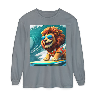 Surfing Lion Long Sleeve T-Shirt, Casual Beachwear, Cool Animal Tee, Gift for Animal Lovers, Summer Graphic Shirt