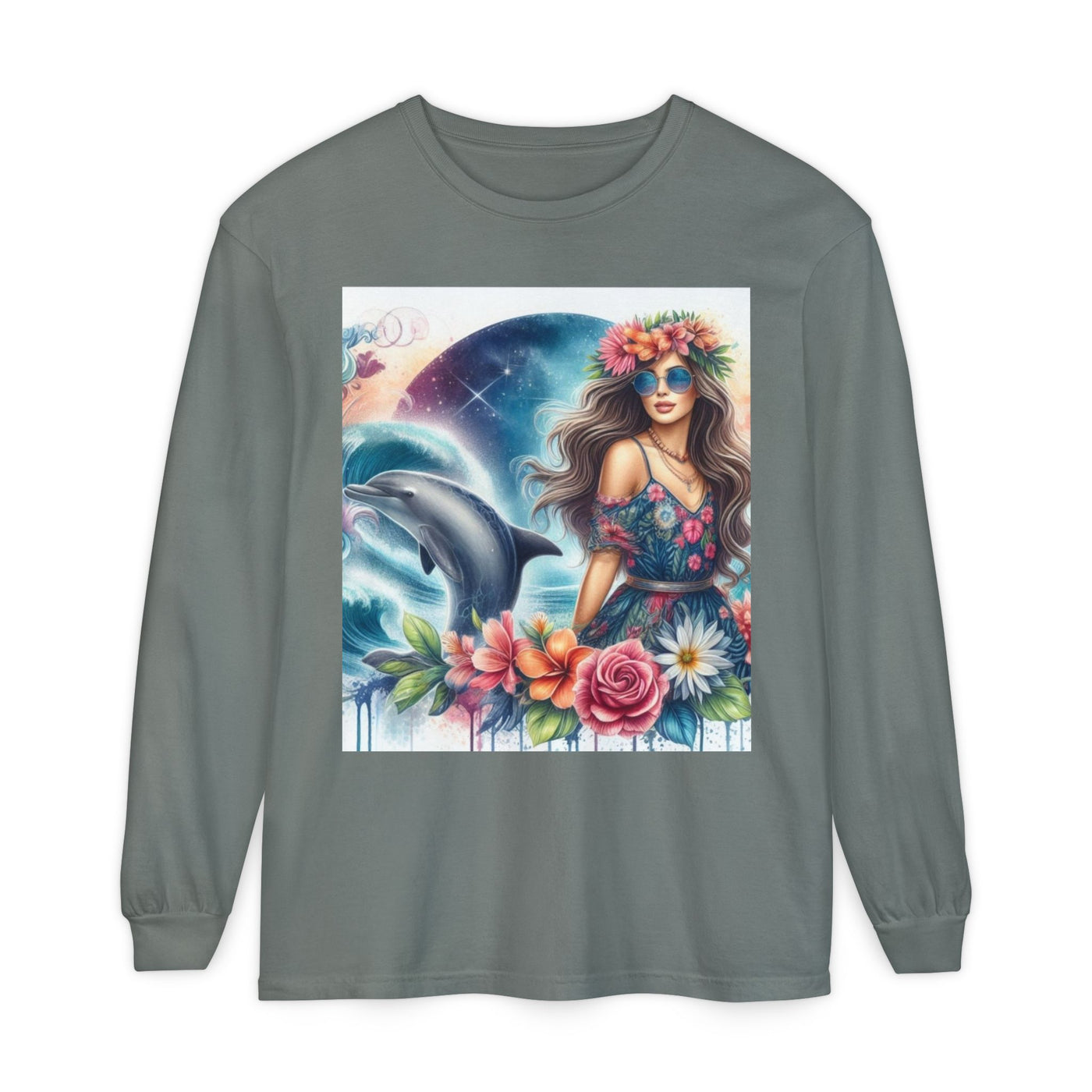 Dolphin Dream Long Sleeve Tee, Boho Style Shirt, Ocean Lover Gift, Beach Party Outfit, Casual Wear, Floral Graphic Tee