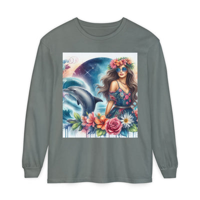 Dolphin Dream Long Sleeve Tee, Boho Style Shirt, Ocean Lover Gift, Beach Party Outfit, Casual Wear, Floral Graphic Tee