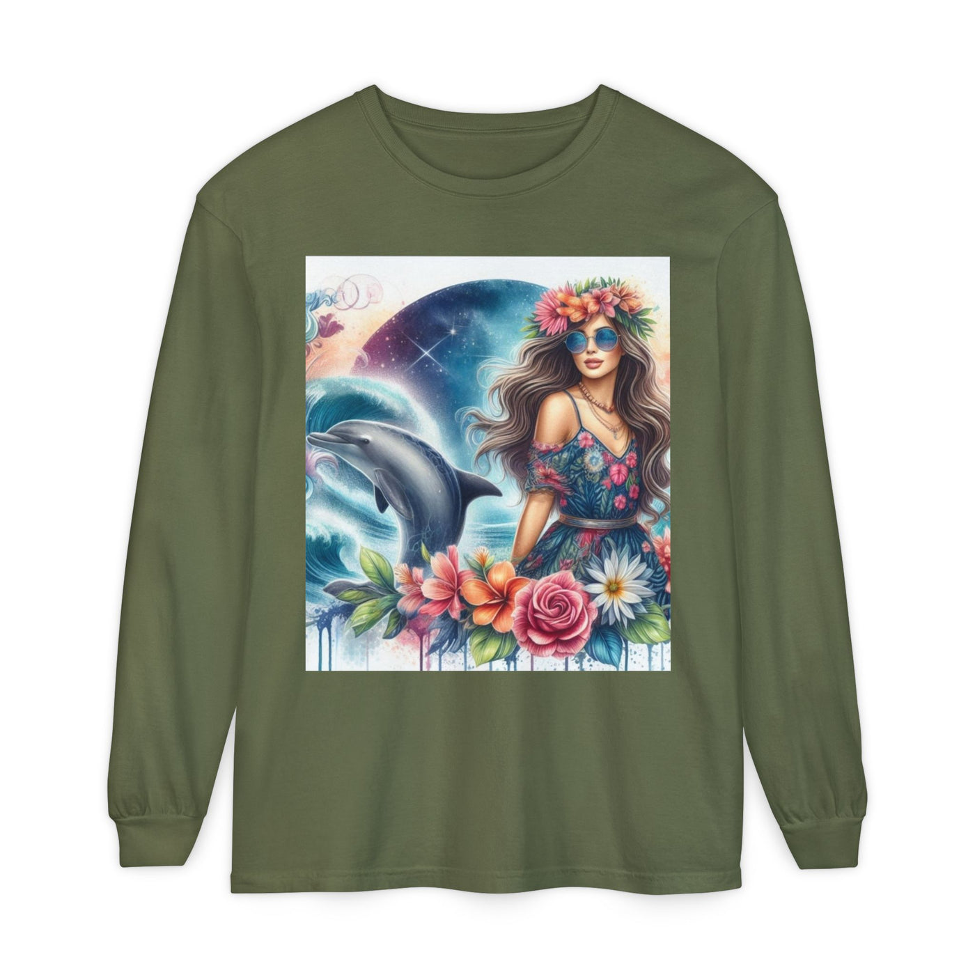 Dolphin Dream Long Sleeve Tee, Boho Style Shirt, Ocean Lover Gift, Beach Party Outfit, Casual Wear, Floral Graphic Tee