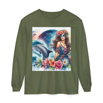 Dolphin Dream Long Sleeve Tee, Boho Style Shirt, Ocean Lover Gift, Beach Party Outfit, Casual Wear, Floral Graphic Tee