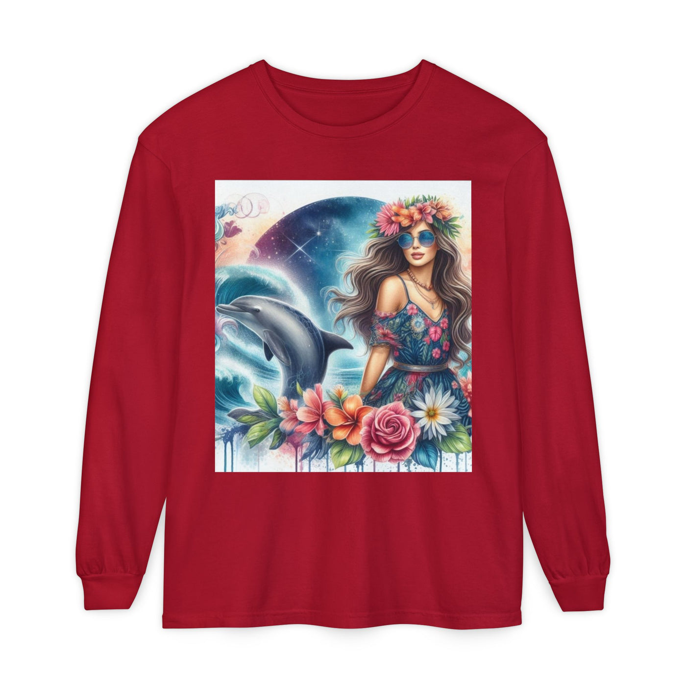 Dolphin Dream Long Sleeve Tee, Boho Style Shirt, Ocean Lover Gift, Beach Party Outfit, Casual Wear, Floral Graphic Tee