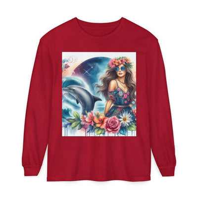 Dolphin Dream Long Sleeve Tee, Boho Style Shirt, Ocean Lover Gift, Beach Party Outfit, Casual Wear, Floral Graphic Tee