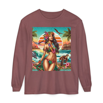 T-Shirt with Tropical Goddess Design, Beach Vibes Long Sleeve Tee for Summer, Luau Party Wear, Vacation Tshirt, Island Life Apparel