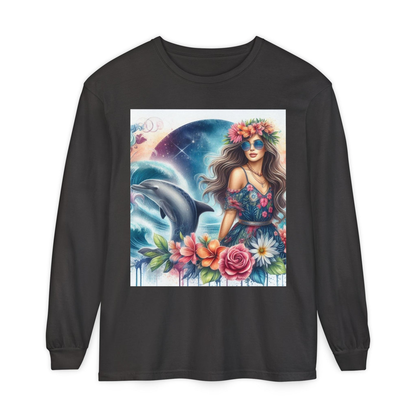 Dolphin Dream Long Sleeve Tee, Boho Style Shirt, Ocean Lover Gift, Beach Party Outfit, Casual Wear, Floral Graphic Tee