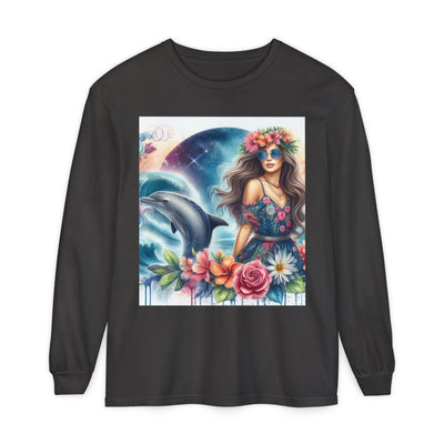 Dolphin Dream Long Sleeve Tee, Boho Style Shirt, Ocean Lover Gift, Beach Party Outfit, Casual Wear, Floral Graphic Tee