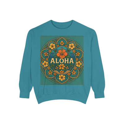 Aloha Floral Sweatshirt, Unisex Garment-Dyed Crewneck, Cozy Beach Vibes, Gift for Friends, Tropical Style Apparel, Casual Everyday Wear