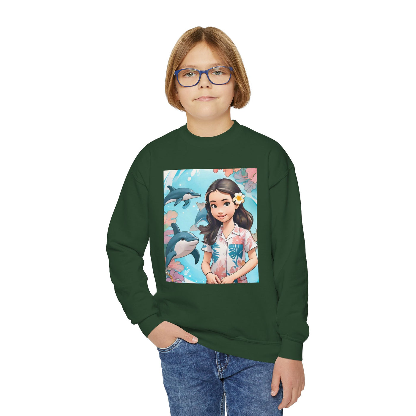 Dolphin Girl Youth Crewneck Sweatshirt — Cute Island Girl Graphic