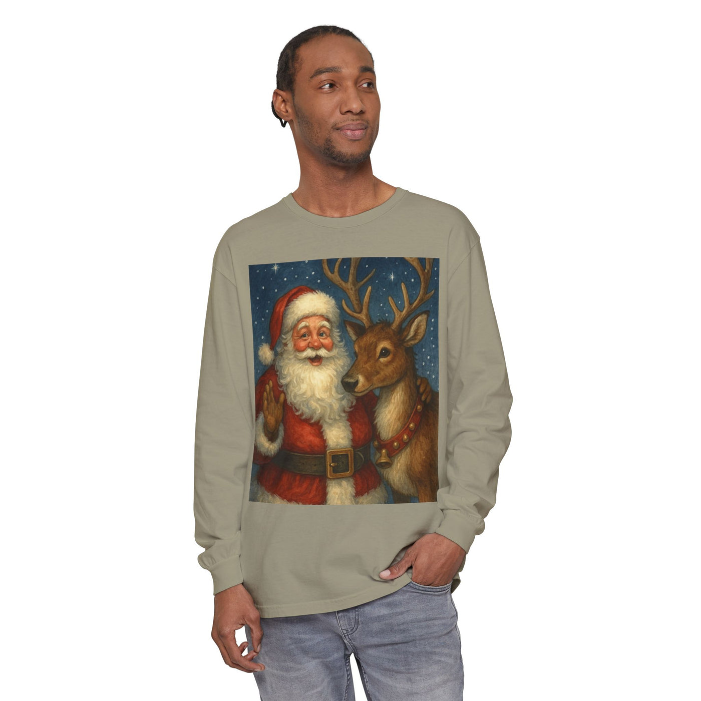 Santa & Reindeer Vintage Christmas Long Sleeve Tee