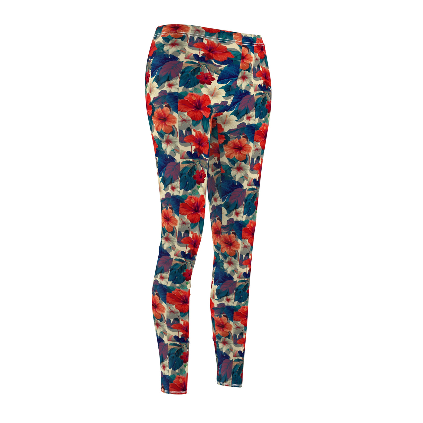 Floral Watercolor Leggings — Women's All-Over Red & Blue Blossom Print